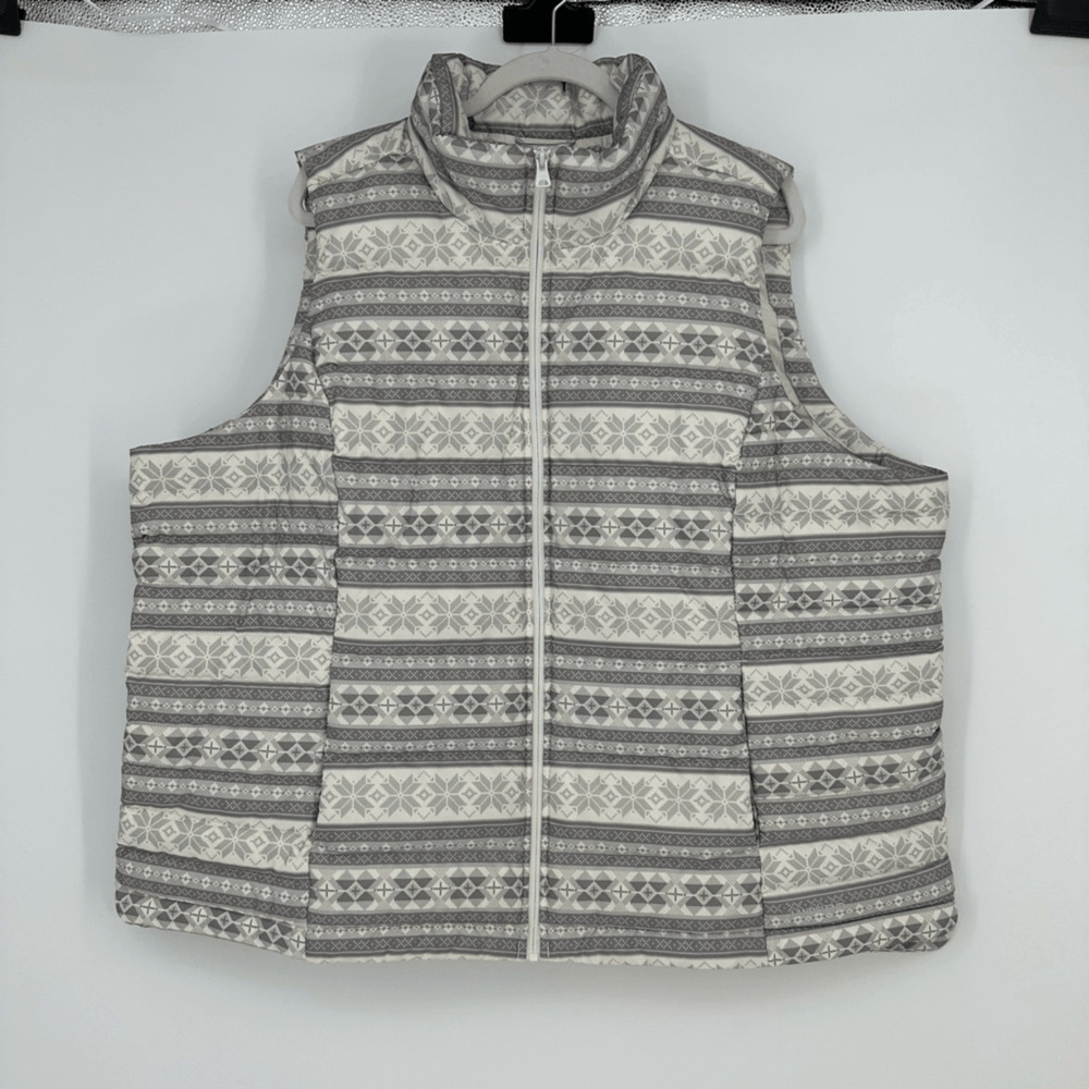 Lands End Womens Down Vest Size 2X Nordic Geometric White Outdoor Hiking Pockets - Picture 2 of 8